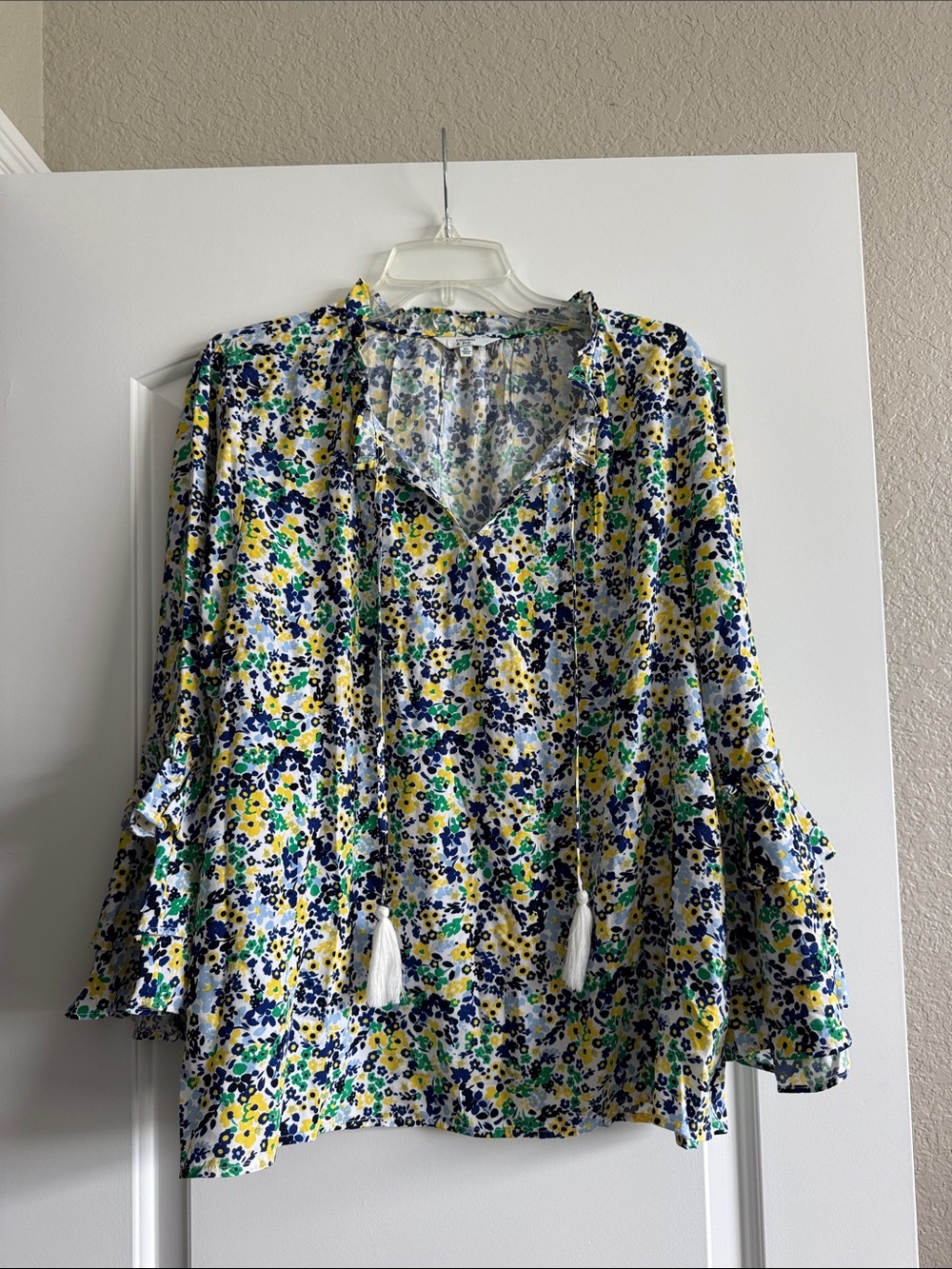 crown & ivy Floral Tassel Tie-Blouse in Yellow, Green & Navy
